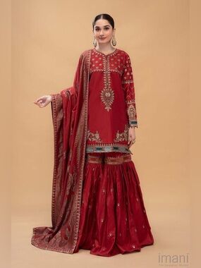 MARIA. B. Red Embroidered Maxi Sharara Skirt Set